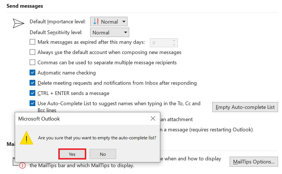 Confirmation window for emptying the auto-complete list Image: Confirmation window for emptying the auto-complete list
