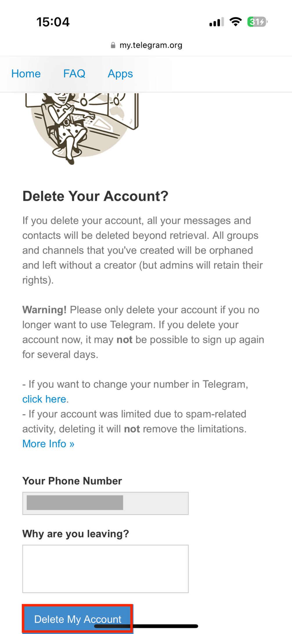 Confirmation page for deleting your Telegram account Confirmation page for deleting your Telegram account