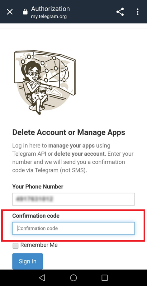 Telegram page for deleting your account Telegram page for deleting your account