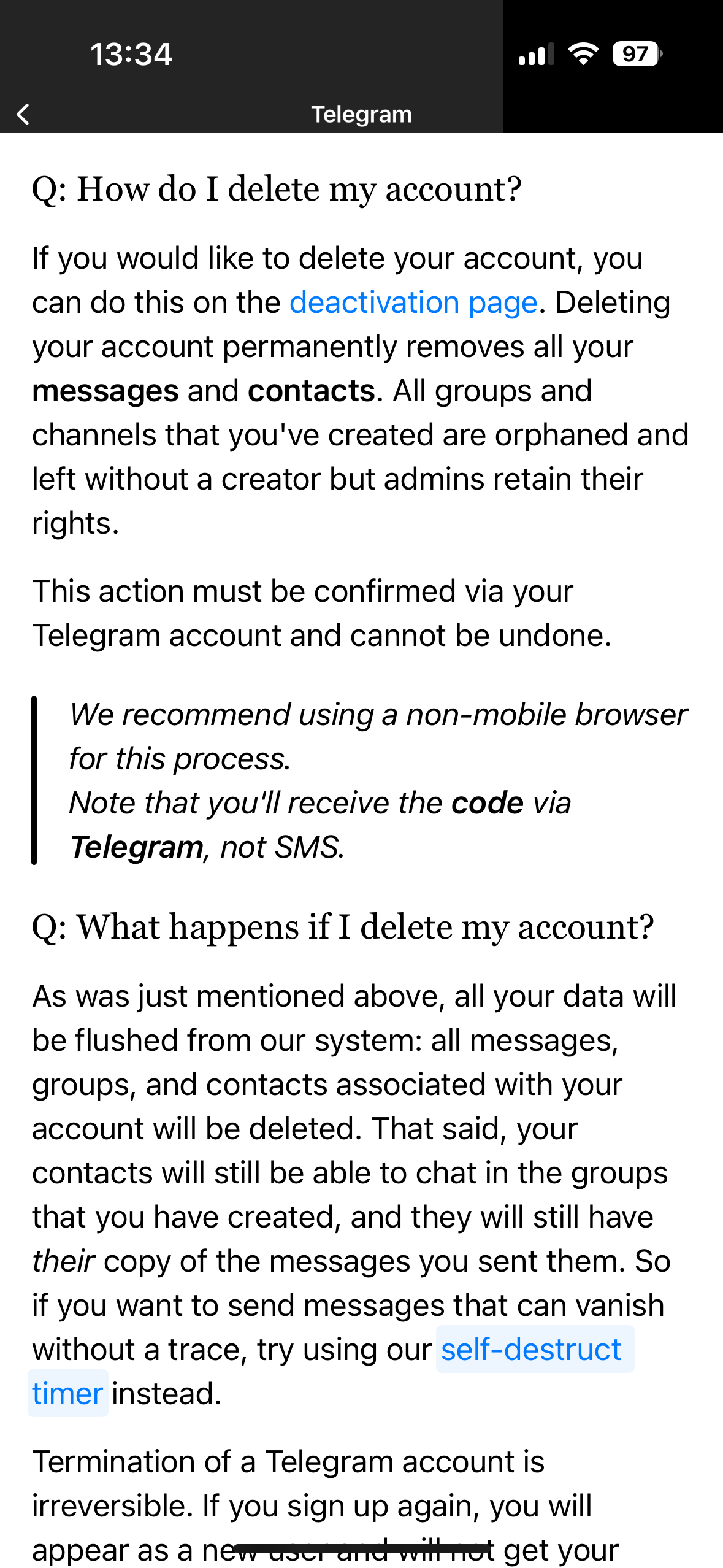 Telegram app FAQ item ‘How do I delete my account’ Telegram app FAQ item ‘How do I delete my account’
