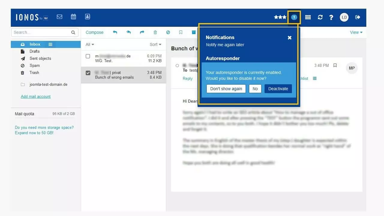 Image: IONOS informs you when your vacation note is active
