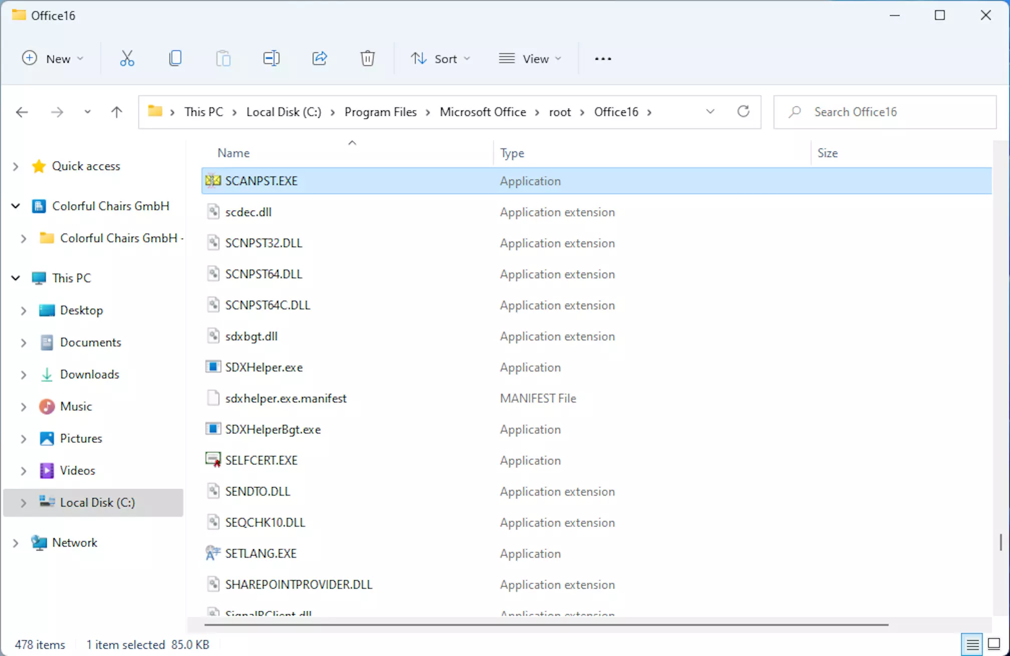 Scanpst.exe in file explorer Scanpst.exe in file explorer