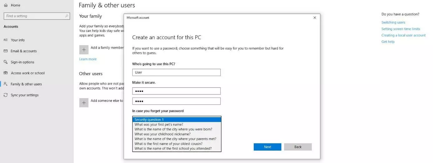Image: Windows 10: add a new user