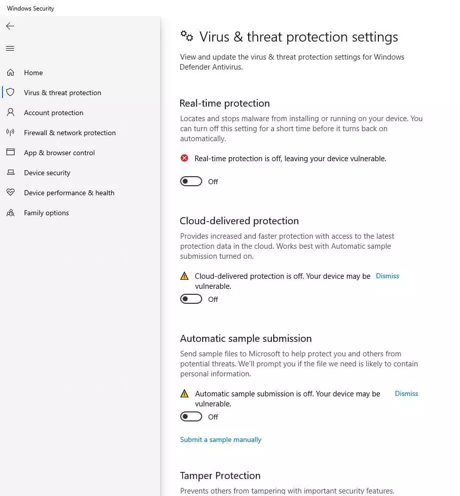 Image: Warning notices when disabling Windows Defender