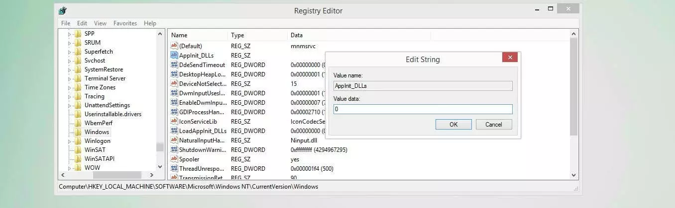 Image: Registry Editor: Value assignment for the entry “AppInit_DLLs”