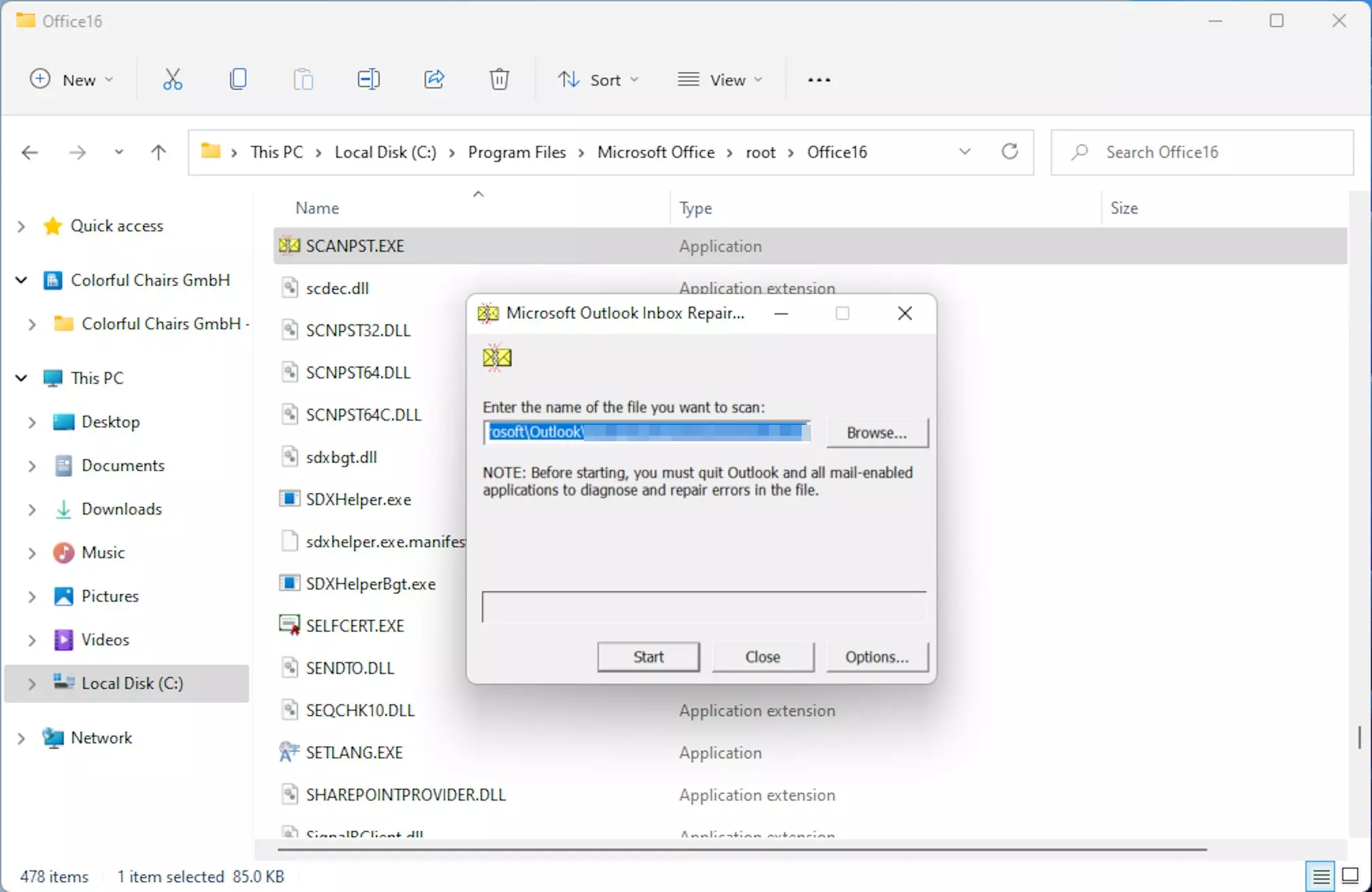 Search for the personal data file via scanpst.exe Search for the personal data file via scanpst.exe