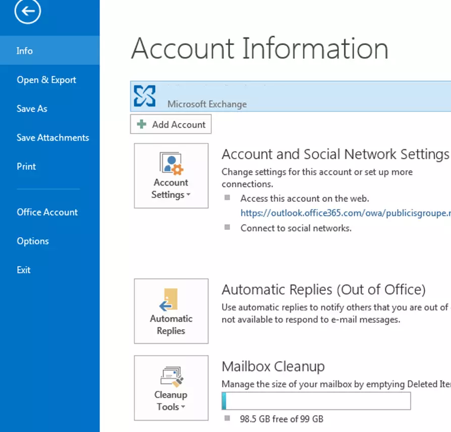 Image: Outlook 2013: account information