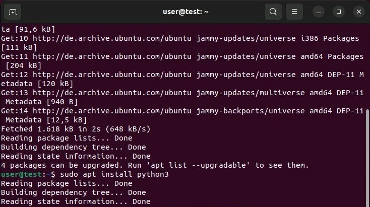 Image: Manual Python 3 installation in Ubuntu terminal