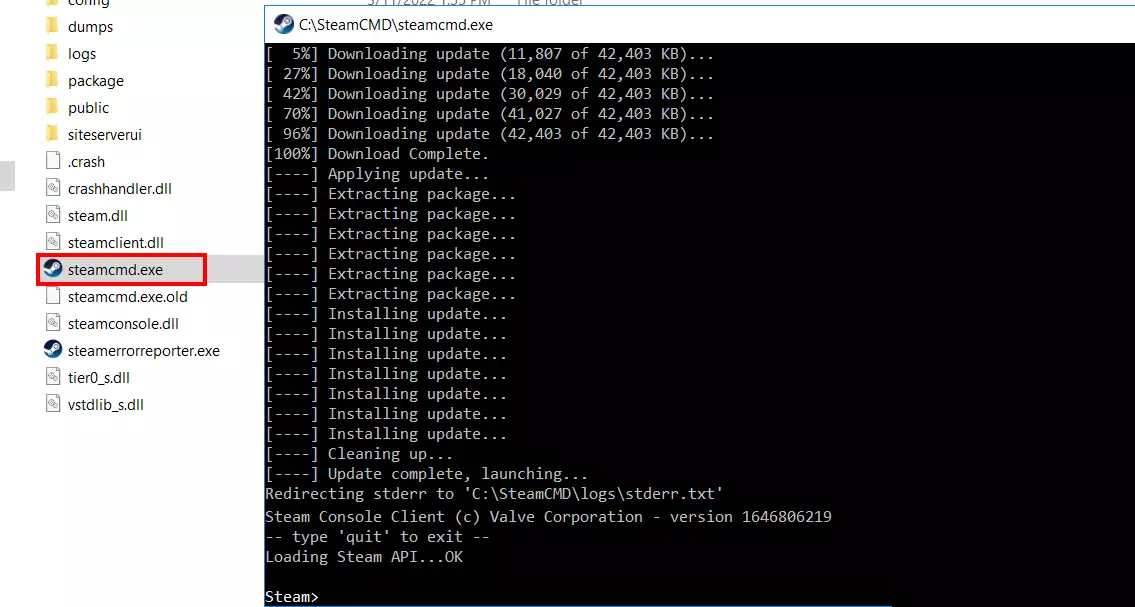 Image: SteamCMD installation using the Windows command prompt