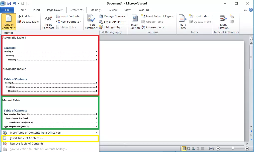 Image: Microsoft Word 2010: Format examples for table of contents templates