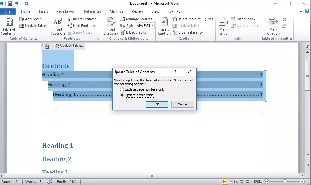 Image: Microsoft Word 2010: Edit view of a table of contents template