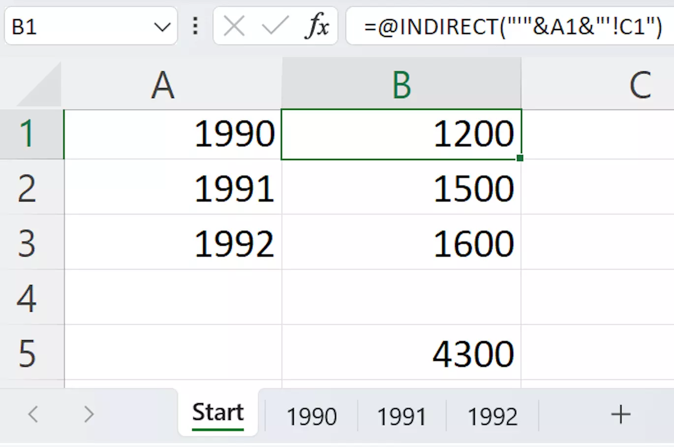 Screenshot of the INDIRECT Excel function that displays values from different sheets Image: Screenshot of the INDIRECT Excel function that displays values from different sheets
