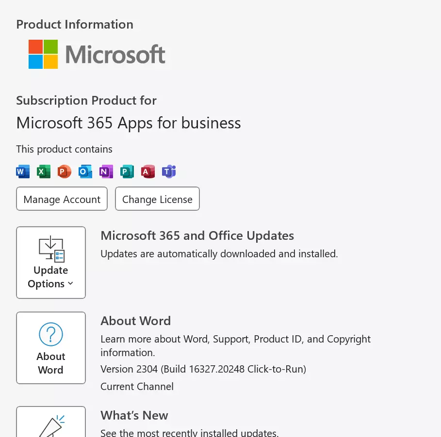 Microsoft Word 2016: Account page Microsoft Word 2016: Account page