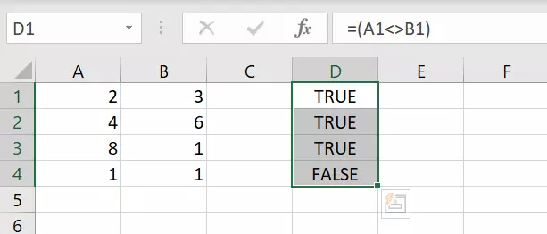 Applying the ‘not equal to’ operator to other cells Applying the ‘not equal to’ operator to other cells