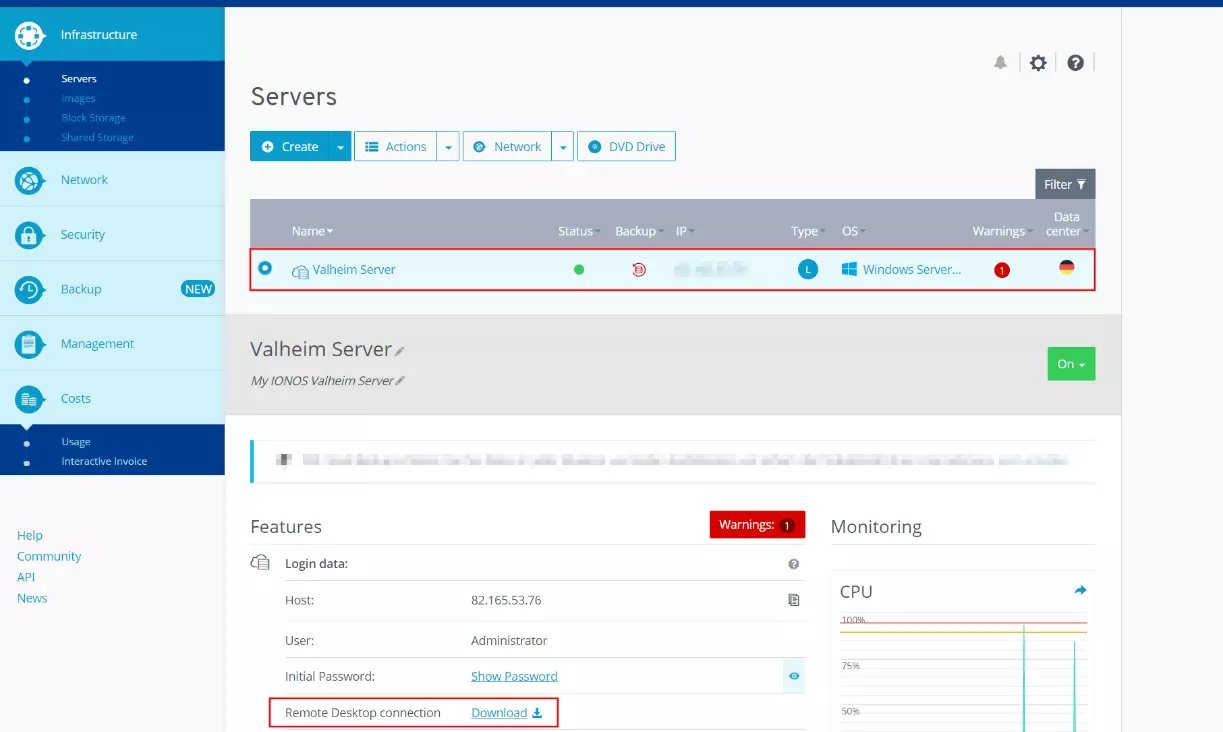 Image: Login and server data overview in the IONOS Cloud Panel
