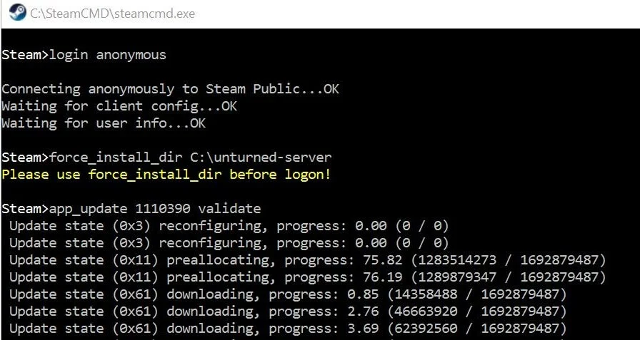 Image: SteamCMD: Installing the Unturned server software