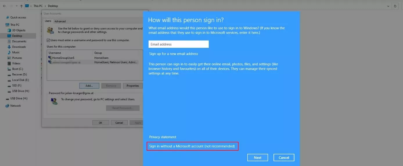 Image: Windows 10: Password settings and “Add account” dialogue